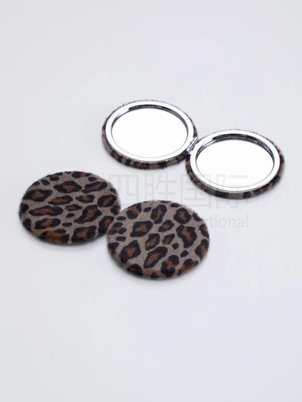 1pc Plush Leopard Round Foldable Mirror