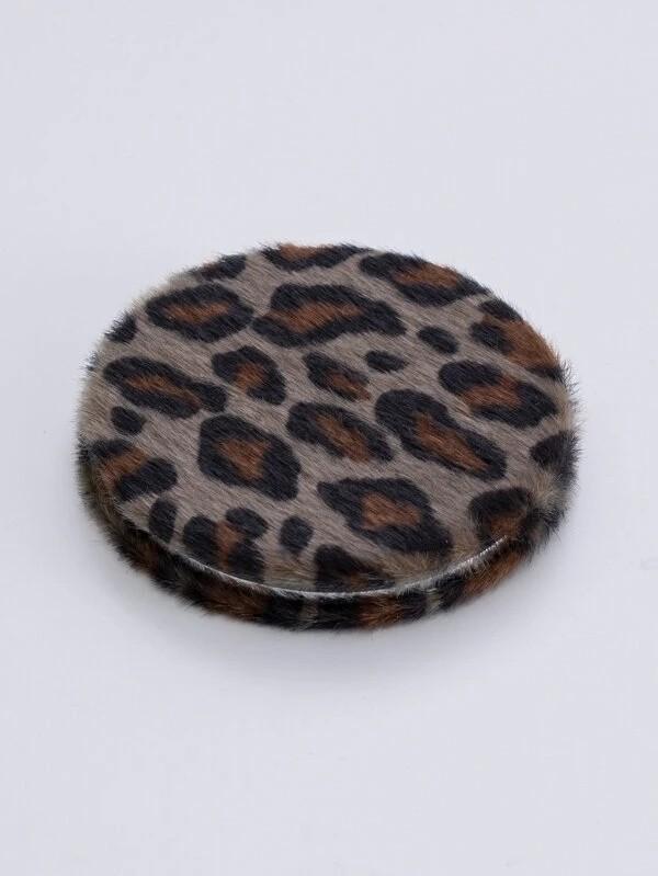 1pc Plush Leopard Round Foldable Mirror