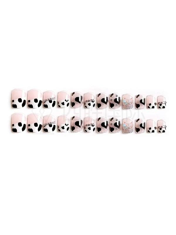 24pcs Cow Pattern Fake Nail & 1sheet Tape