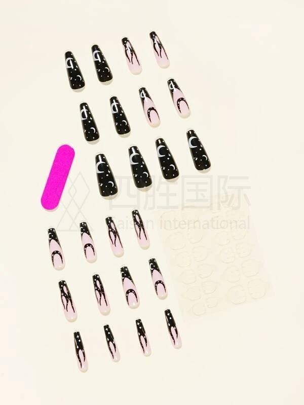 24pcs Fire Pattern Fake Nail Set