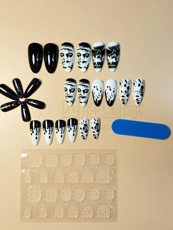 24pcs Halloween Fake Nail & 1pc Tape & 1pc Nail File