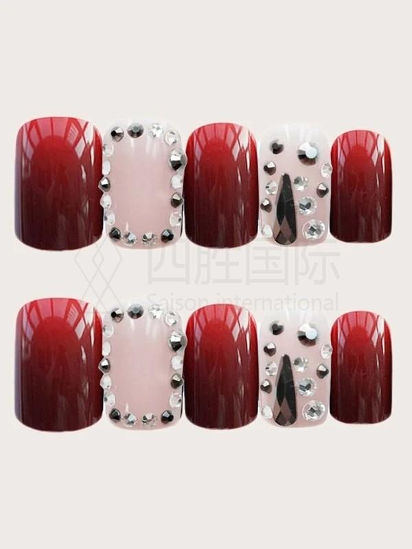 24pcs Rhinestone Decor Fake Nail & 1sheet Tape