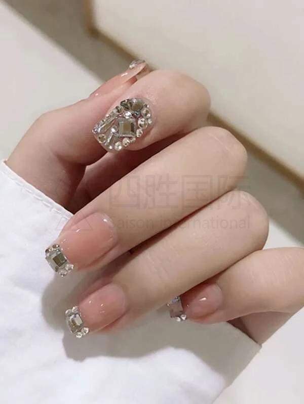 24pcs Rhinestone Decor Fake Nail & 1sheet Tape