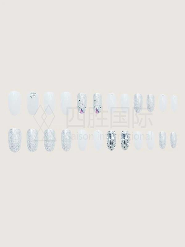 24pcs Rhinestone Decor Fake Nail & 1sheet Tape