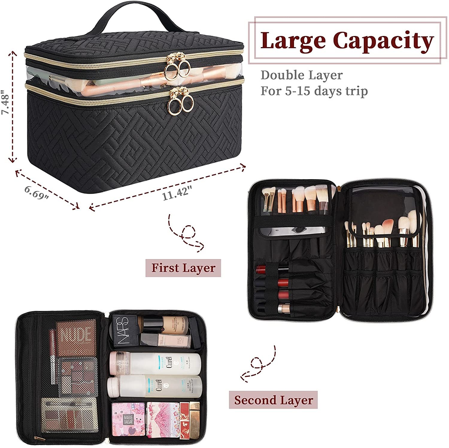 Bring a hand-held black exquisite double-layer makeup bag