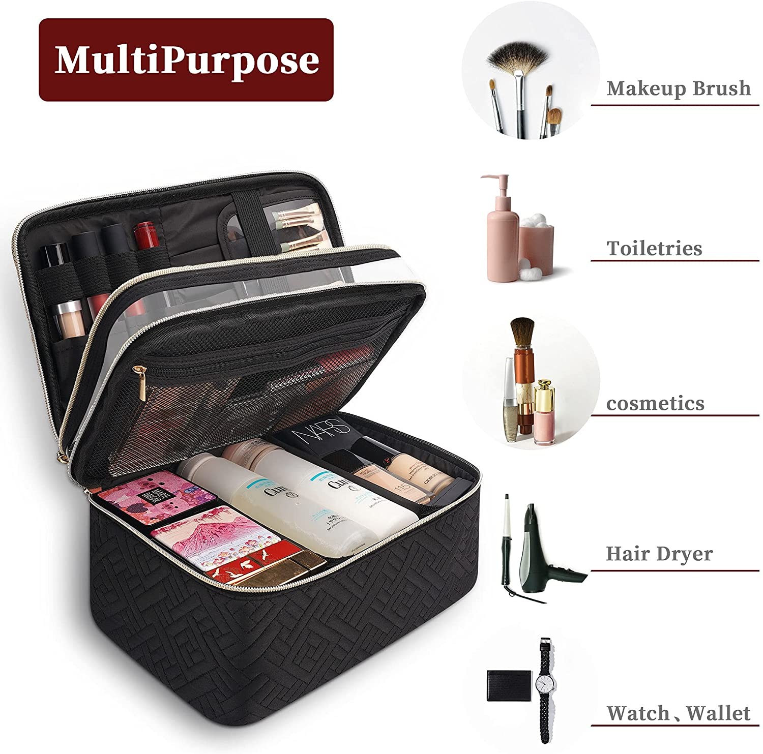 Bring a hand-held black exquisite double-layer makeup bag