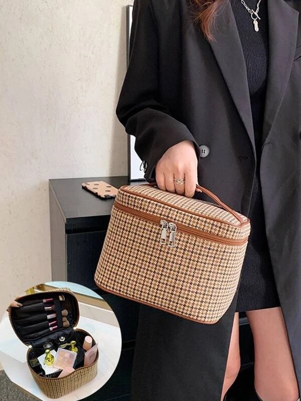 Houndstooth Pattern Double Zipper Bucket Bag