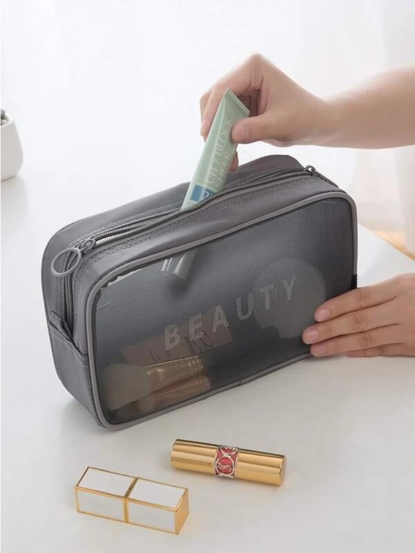 Letter Graphic Mesh Square Makeup Bag